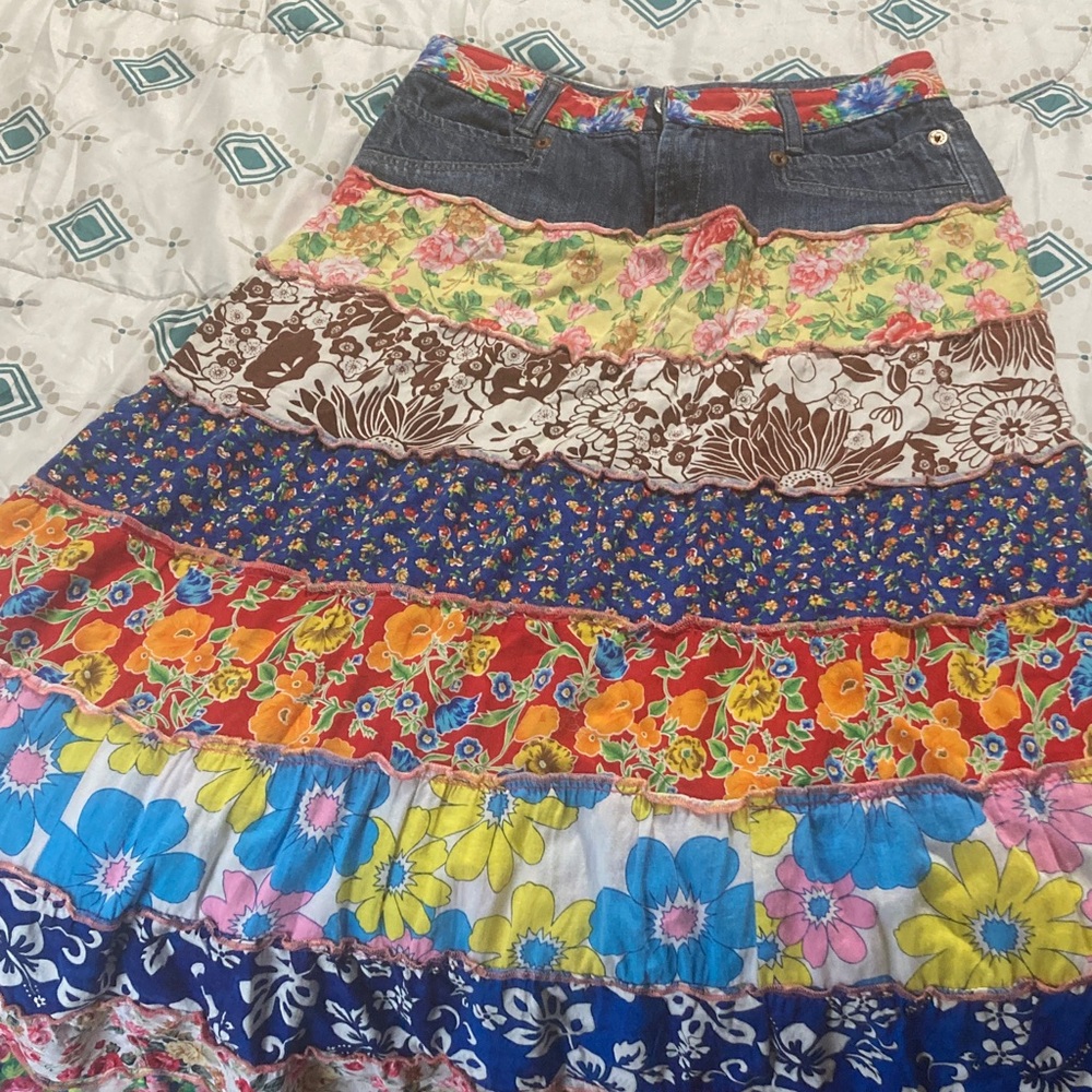 Sacred Threads Multicolor Floral Maxi Skirt with Denim Waistband